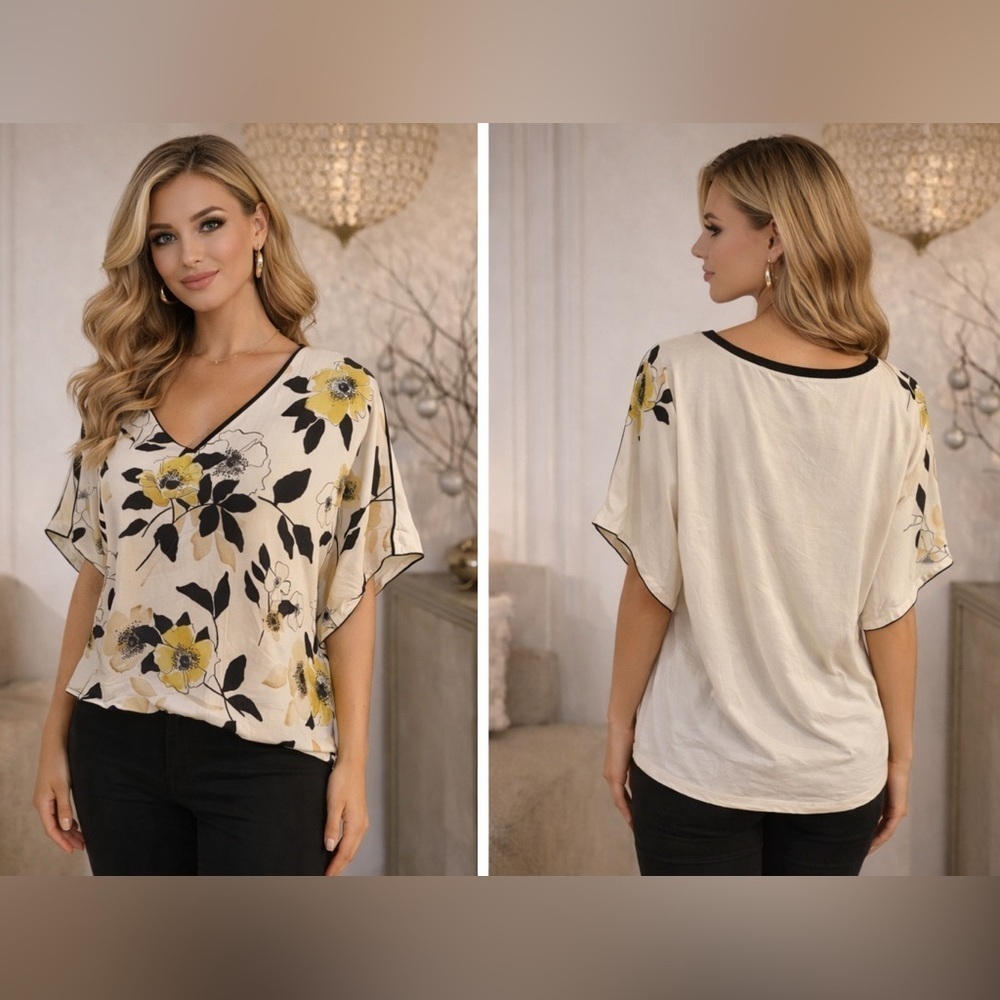 Escada Floral V-Neck Blouse - Yellow and Black size large